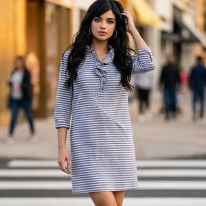 Kate Spade Blue and White Striped Ruffle-Neck sheath Dress sz Small